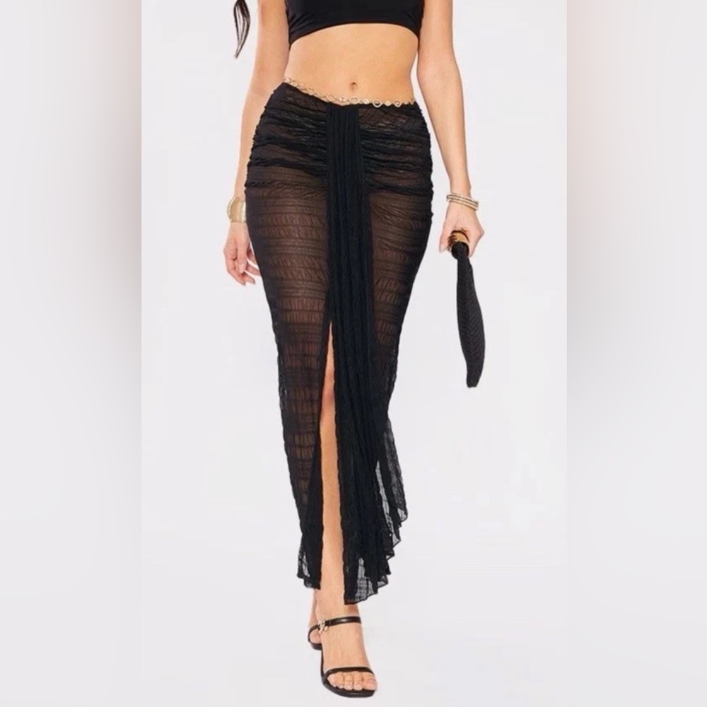 NEW Pretty Little Thing Black Semi-Sheer Textured Drape Front Maxi Skirt - 12